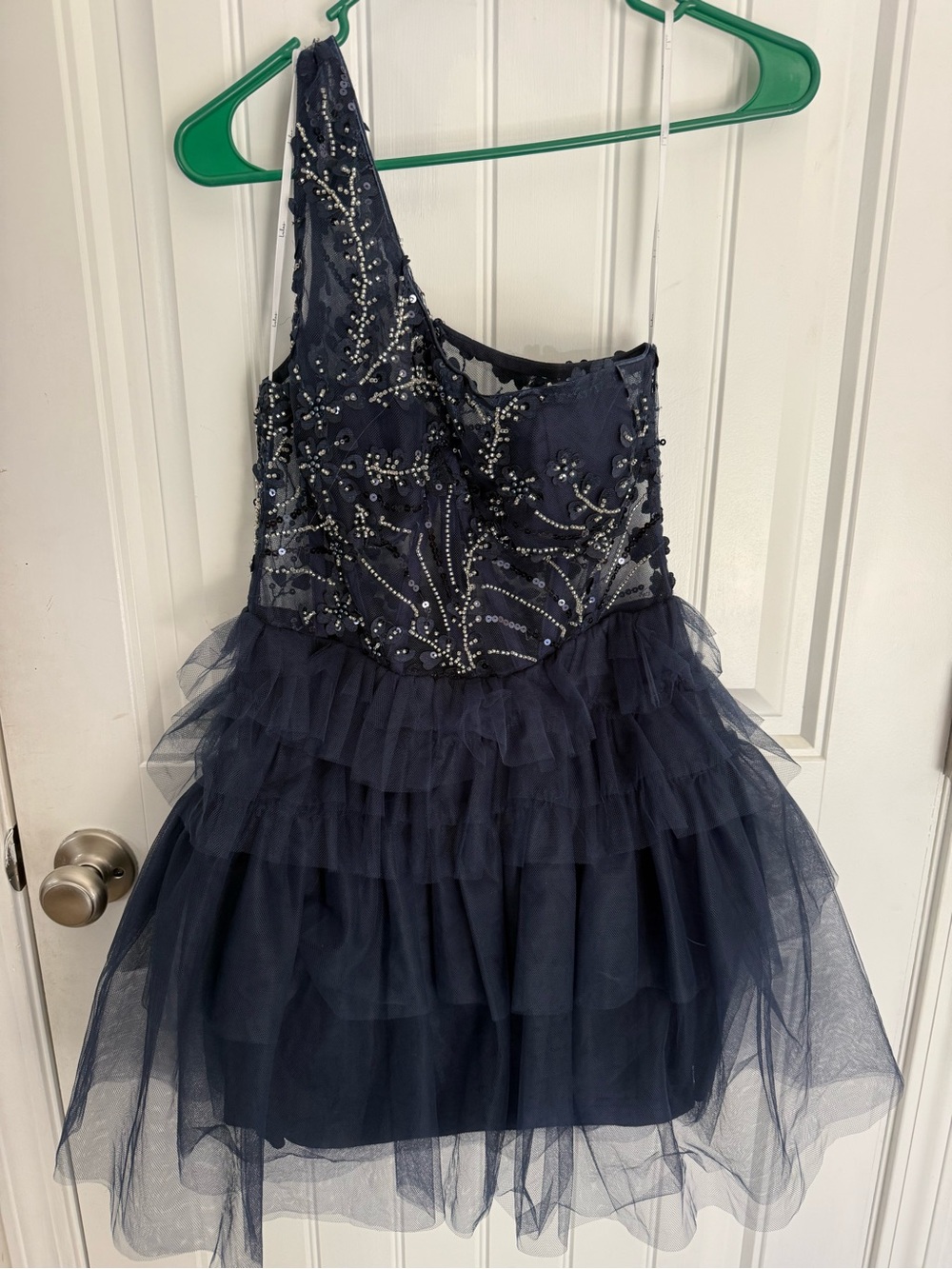 Lulu's Navy One-Shoulder Sequined Tulle Party Dress